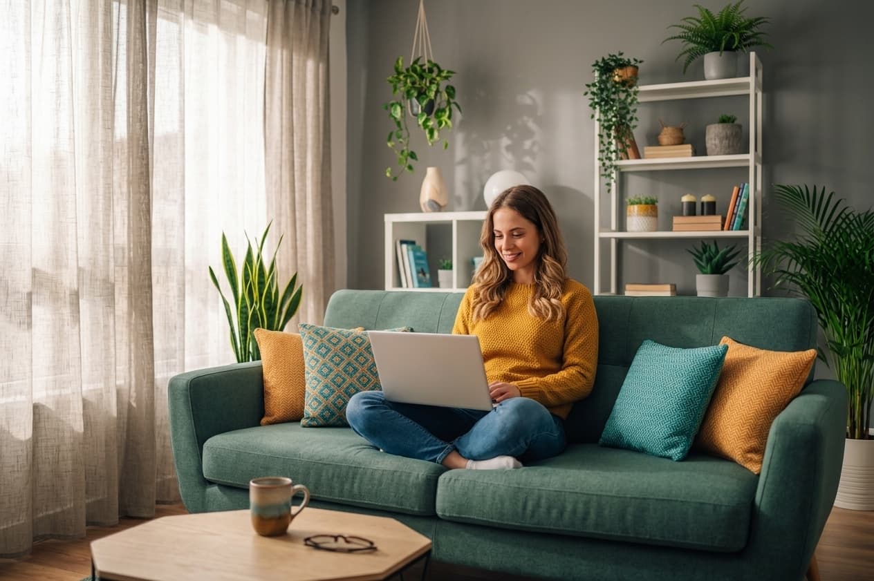 Woman browsing RV listings on a computer